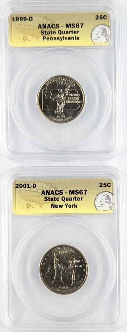 Lot of 2 ANACS MS67 State Washington Quarters- 1999-D PA, 2001-D NY: _
