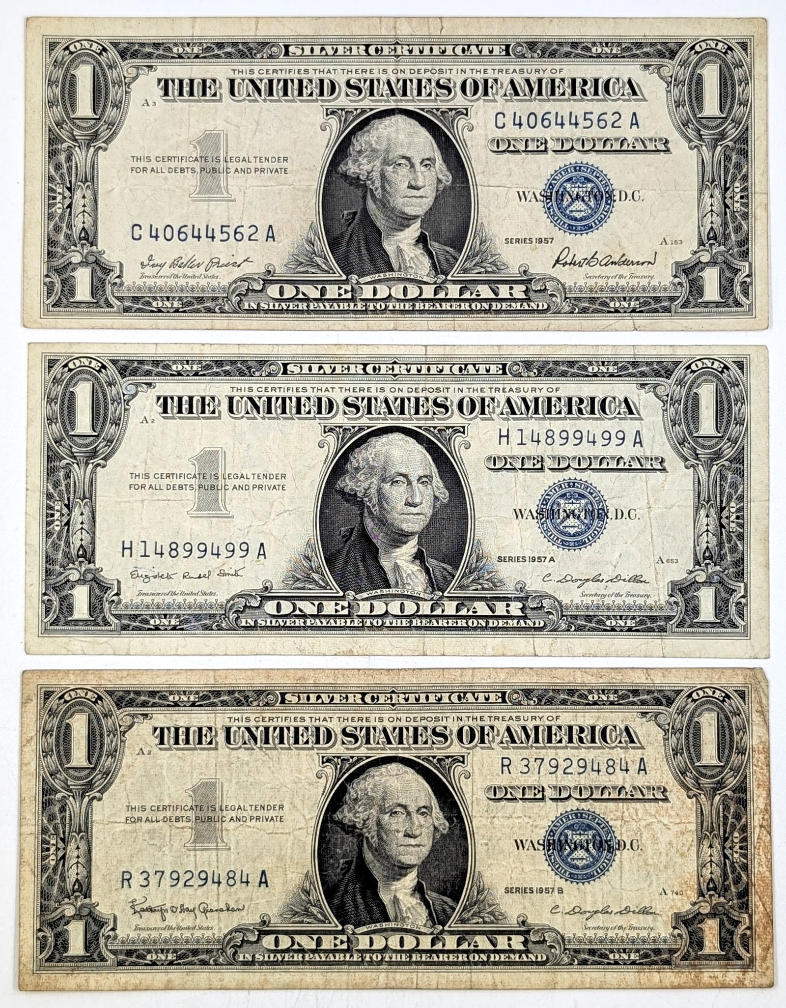 Lot of 3- 1957 A/B $1 Notes - Silver Certificates: Circulated