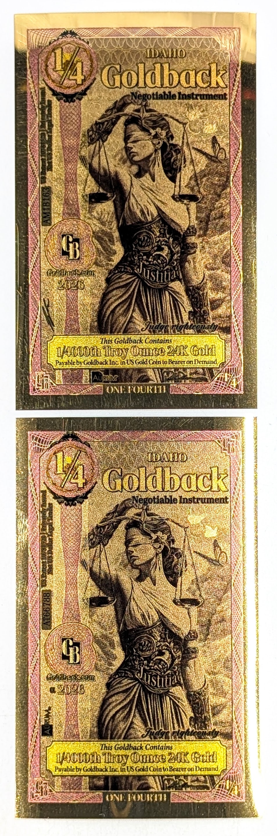 Lot of 2 - 2026 1/4 Idaho Goldbacks 1/4000th Troy Ounce 24K Gold each: _