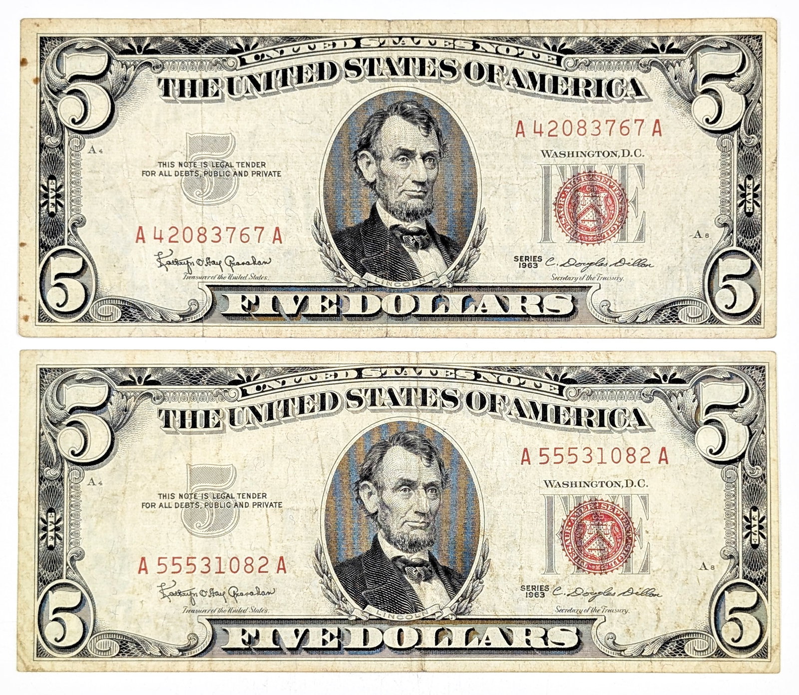 Lot of 2 -1963 $5 Notes - Red Seals: Circulated