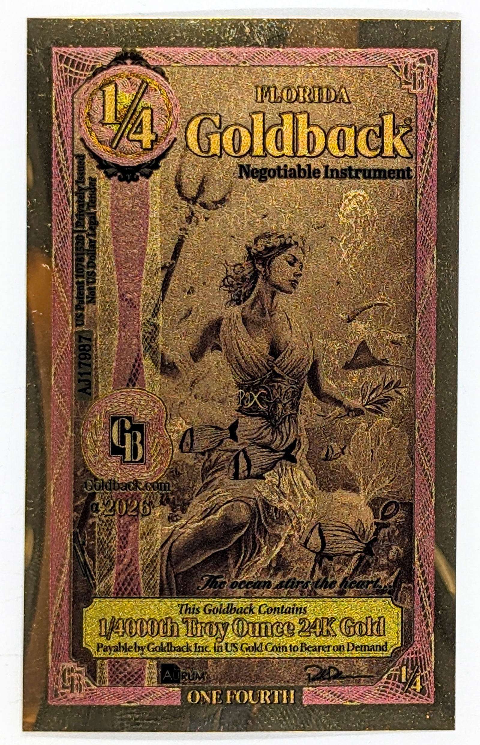 2026 1/4 Florida Goldback 1/4000th Troy Ounce 24K Gold: _