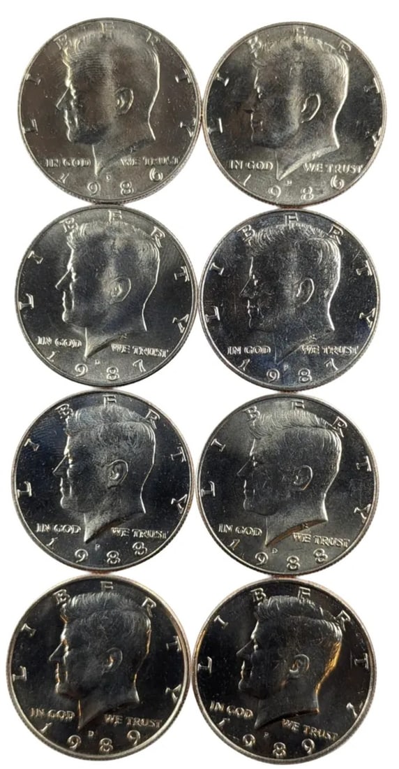 Lot of 8 Uncirculated John F Kennedy Half Dollars- 1986-1989: _