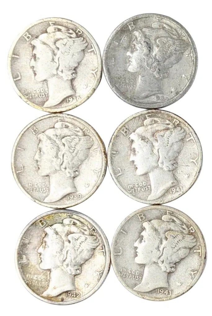Lot of 6 Silver Mercury Dimes - 1936-1943: _