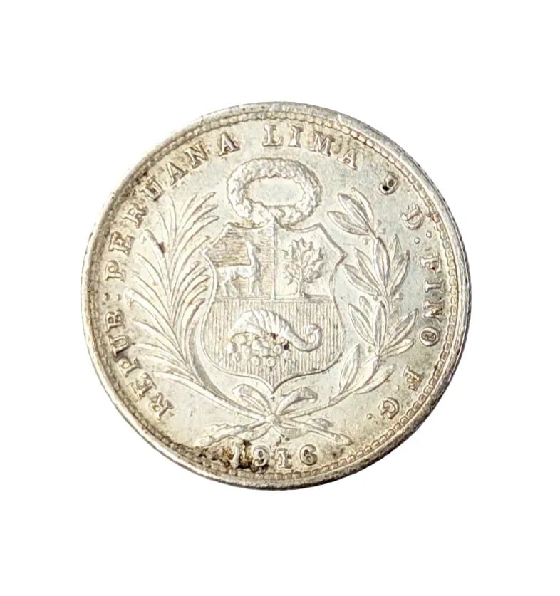 FEATURE- 1916 Silver Peruvian 1/5 Sol- RARE!: Excellent Condition! 90% Silver