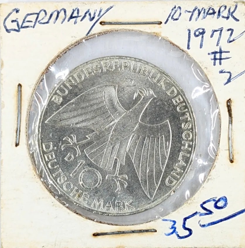 1972 Silver German 10 Mark: 62.5% Silver
