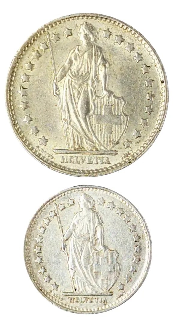 Lot of 2 Silver Francs- 1968 1 Fr, 1953 1/2 Fr: 83.5% Silver