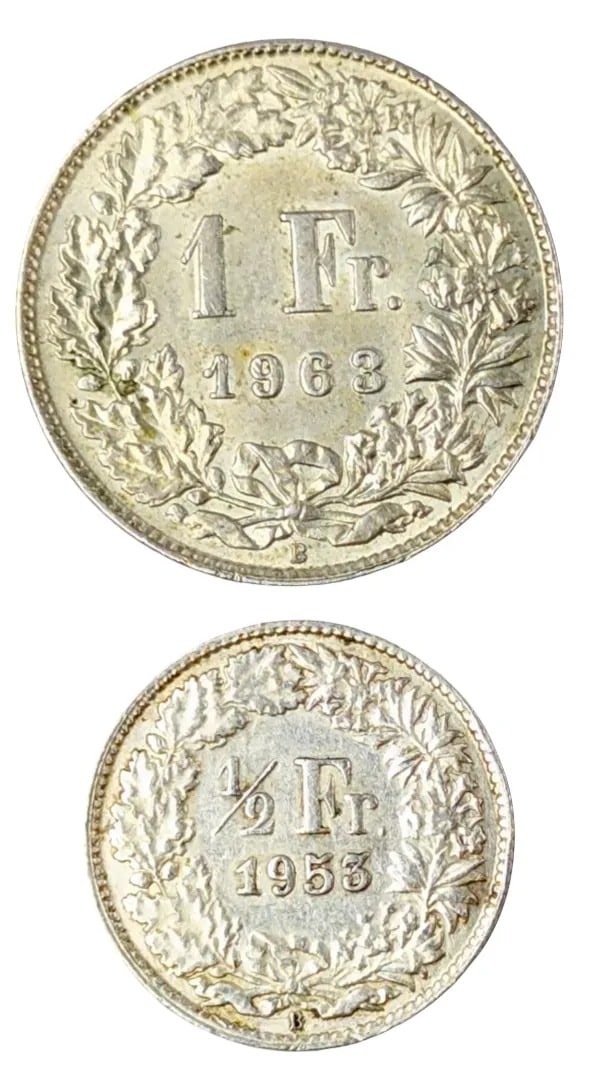 Lot of 2 Silver Francs- 1968 1 Fr, 1953 1/2 Fr - 2