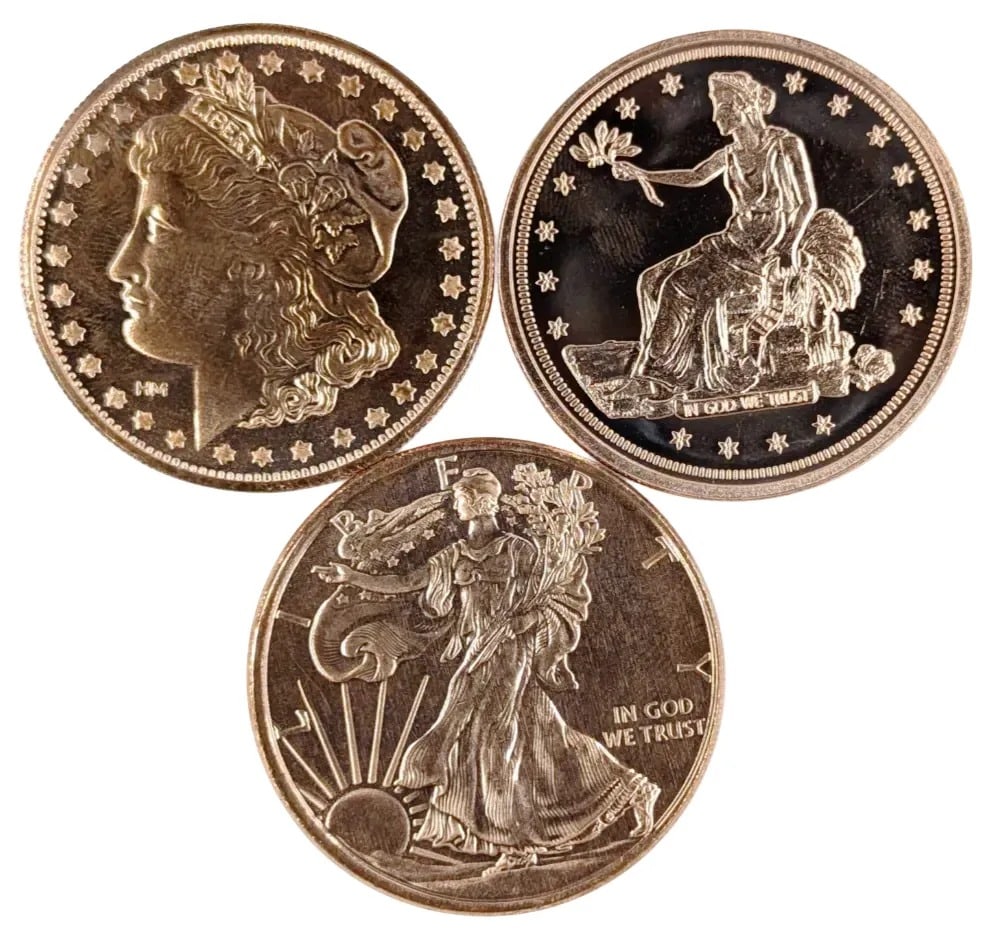 Lot of 3 - 1 Ounce (each) Fine .999 Copper Rounds - Lady Liberties: _