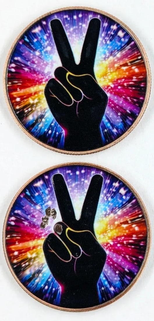 Lot of 2 - 1 Ounce (each) Fine .999 Copper Rounds -Colorized Peace: _