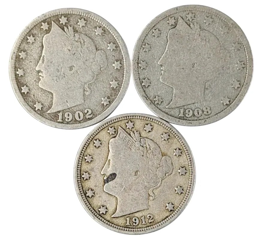 Lot of 3 V Nickels- 1902, 1908, 1912: _