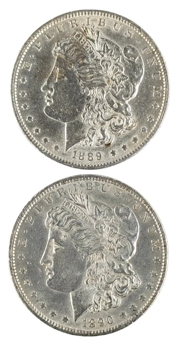 Lot of 2 Morgan Silver Dollars - 1889, 1890: _
