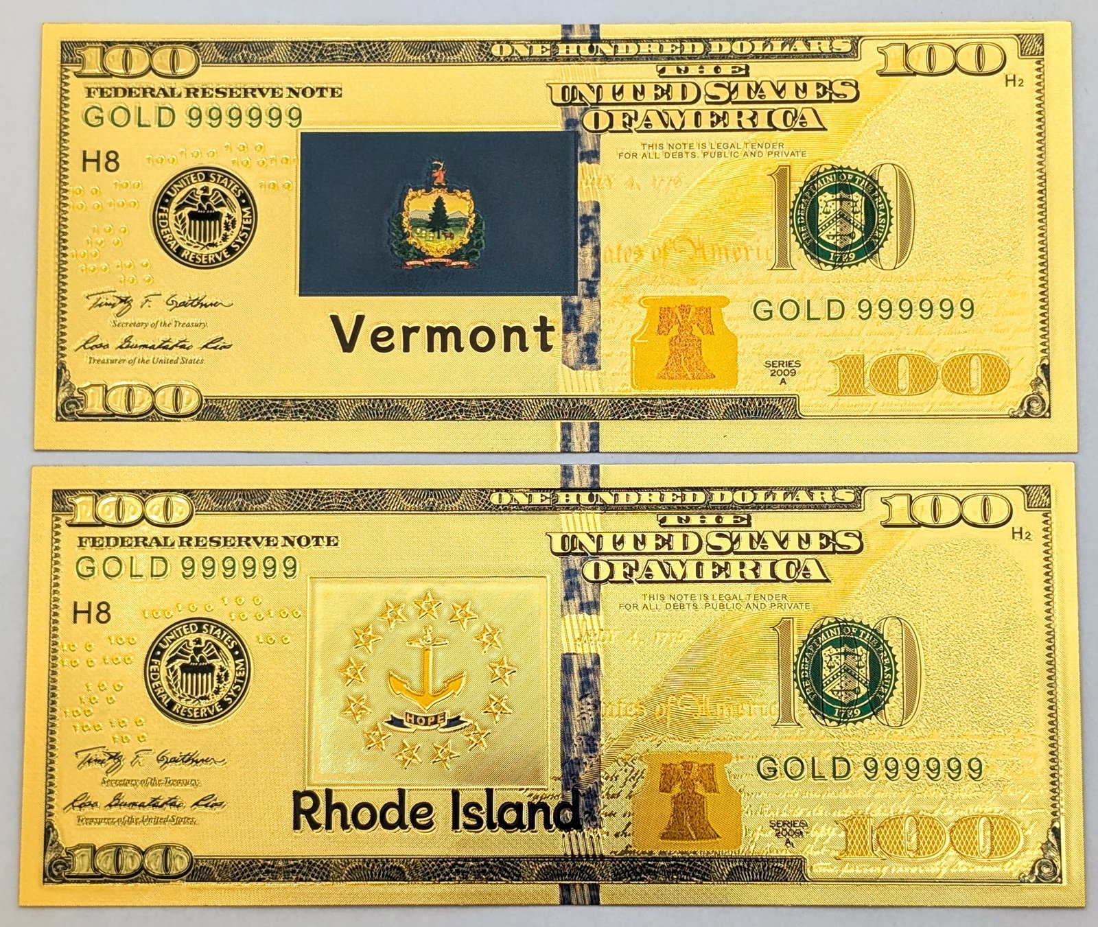 Lot of 2 Gold Foils- VT, RI Flags: _