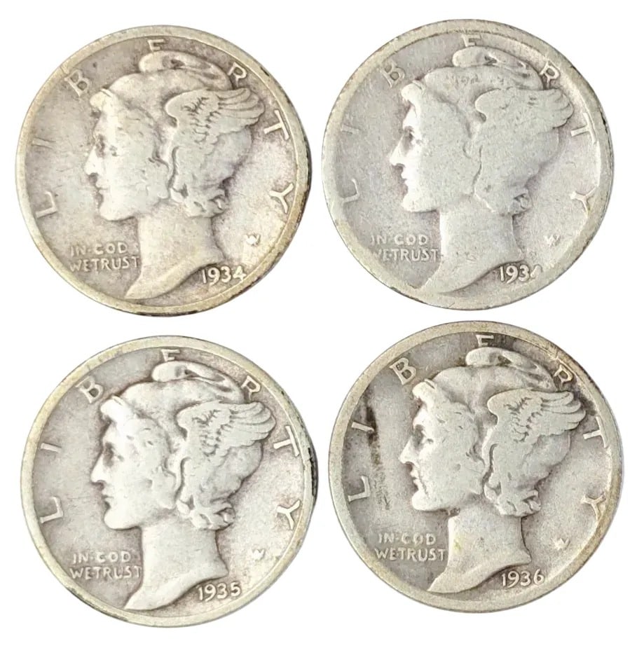 Lot of 4 Silver Mercury Dimes - 1934-1936: _