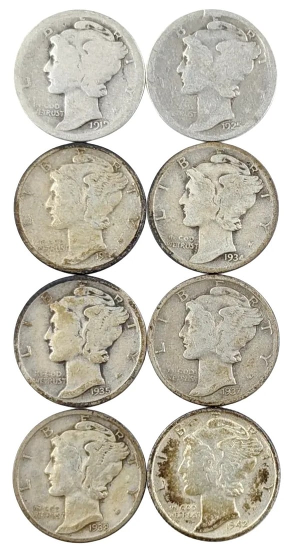 Lot of 8 Silver Mercury Dimes - 1919-1942: _