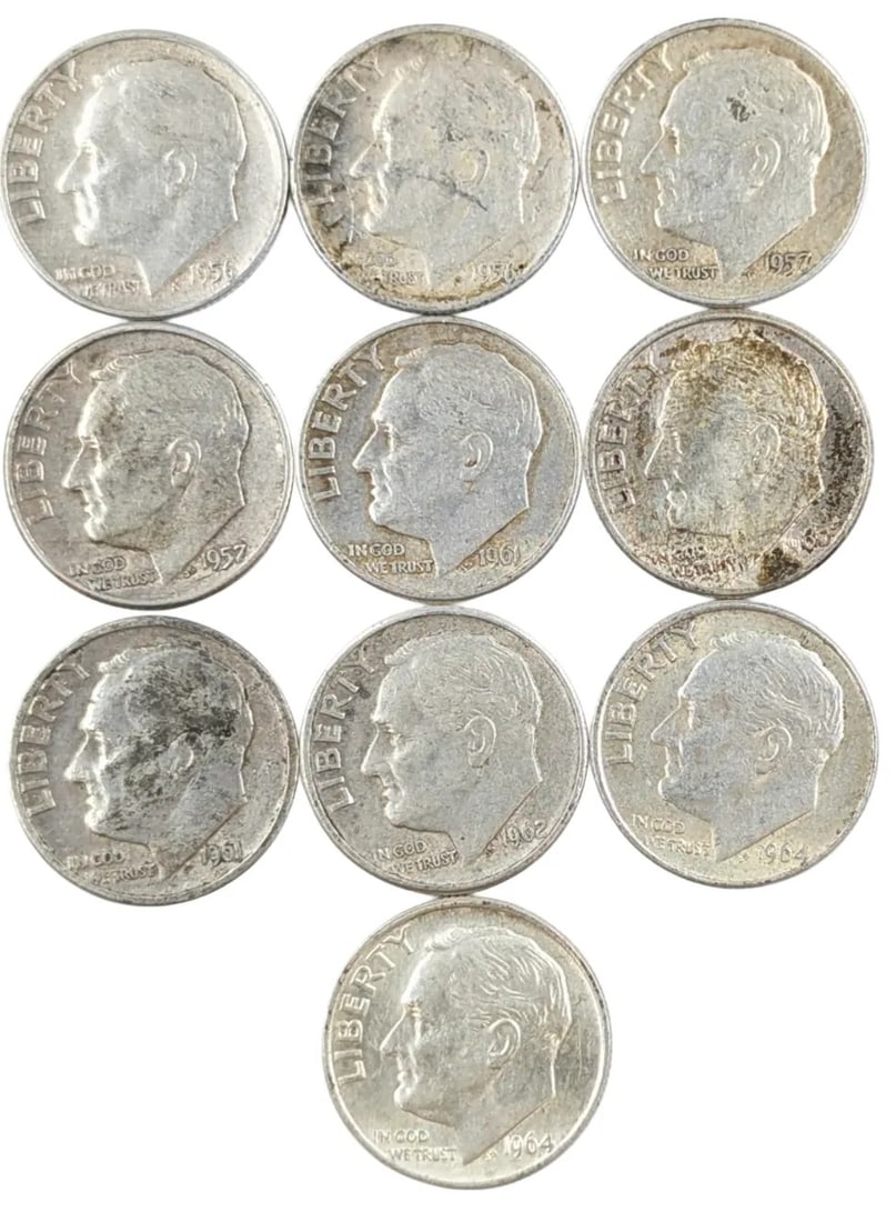 Lot of 10 Silver Roosevelt Dimes - 1956-1964: _