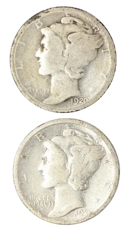 Lot of 2 Silver Mercury Dimes - 1920 S/D: _