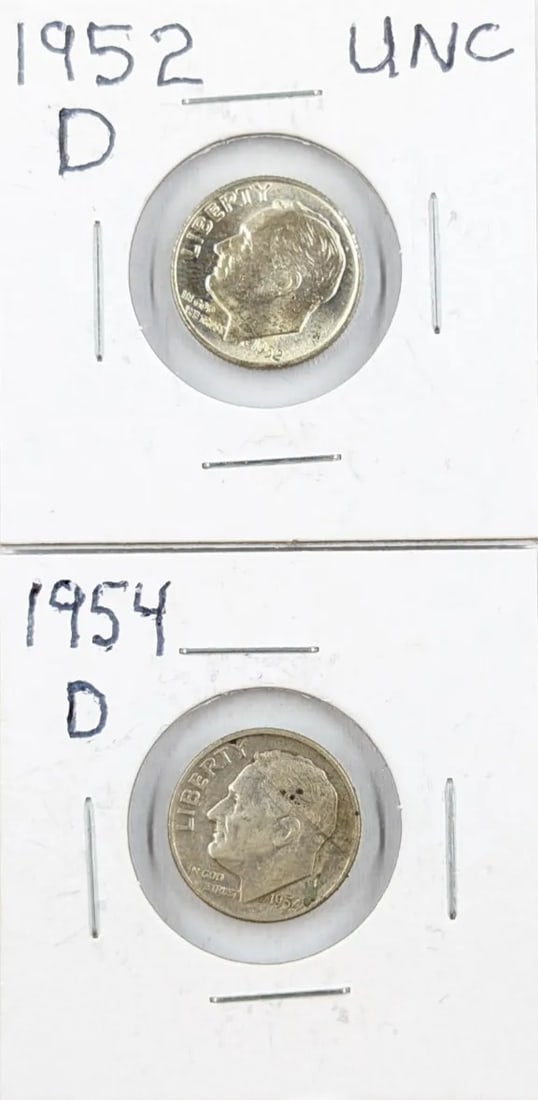 Lot of 2 Silver Roosevelt Dimes - Uncirculated 1952-D, 1954-D: _