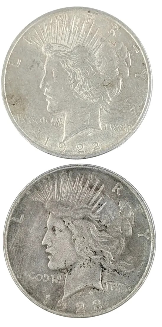 Lot of 2 Silver Peace Dollars- 1922, 1923: _