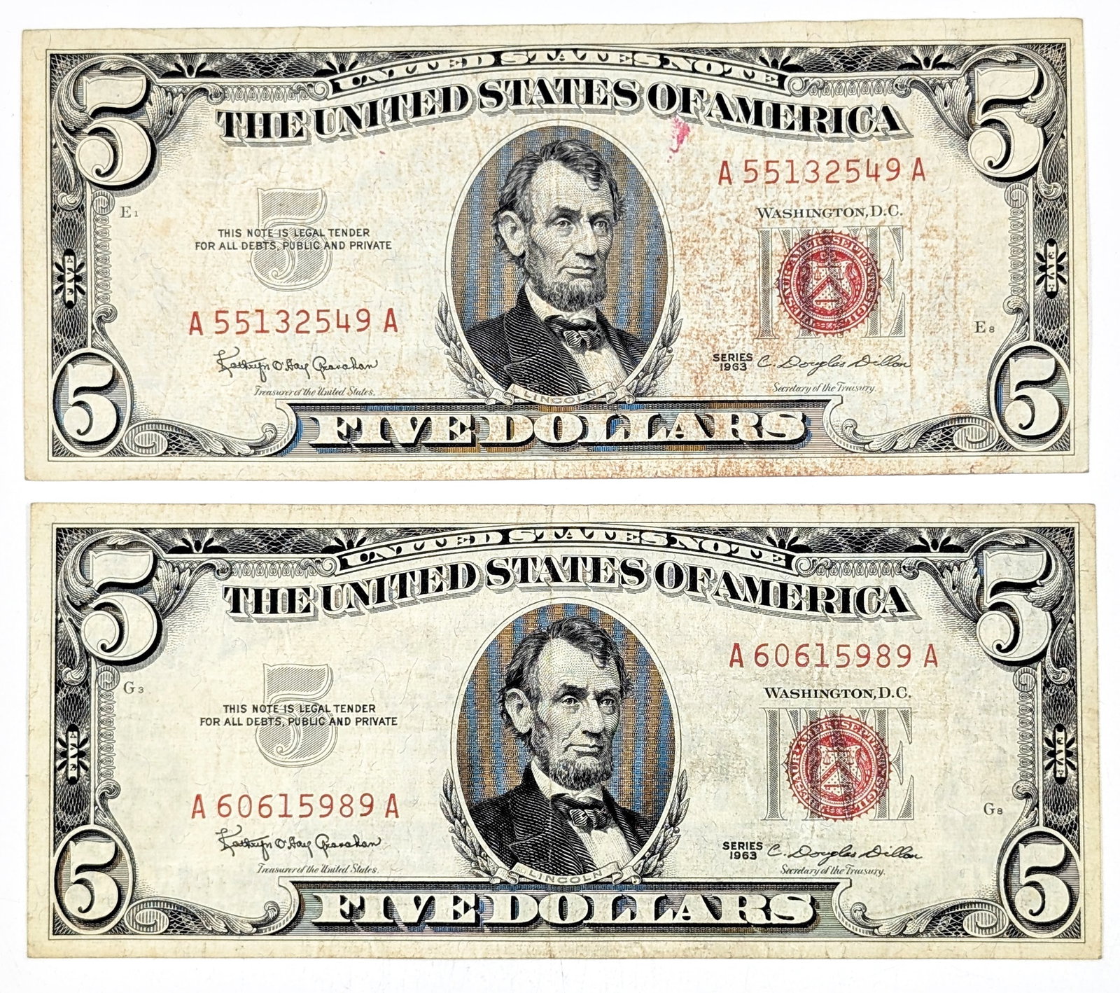 Lot of 2 - 1963 $5 Notes - Red Seals: Circulated