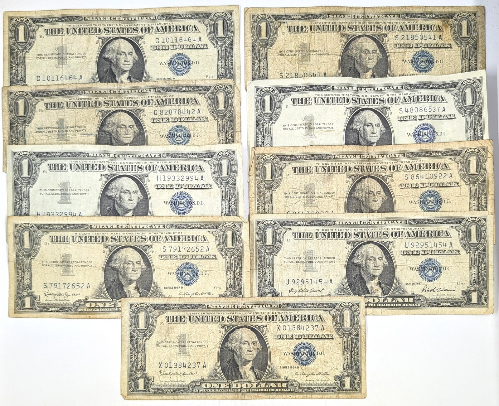 Lot of 9- 1957 $1 Notes- Silver Certificates: Heavily Circulated