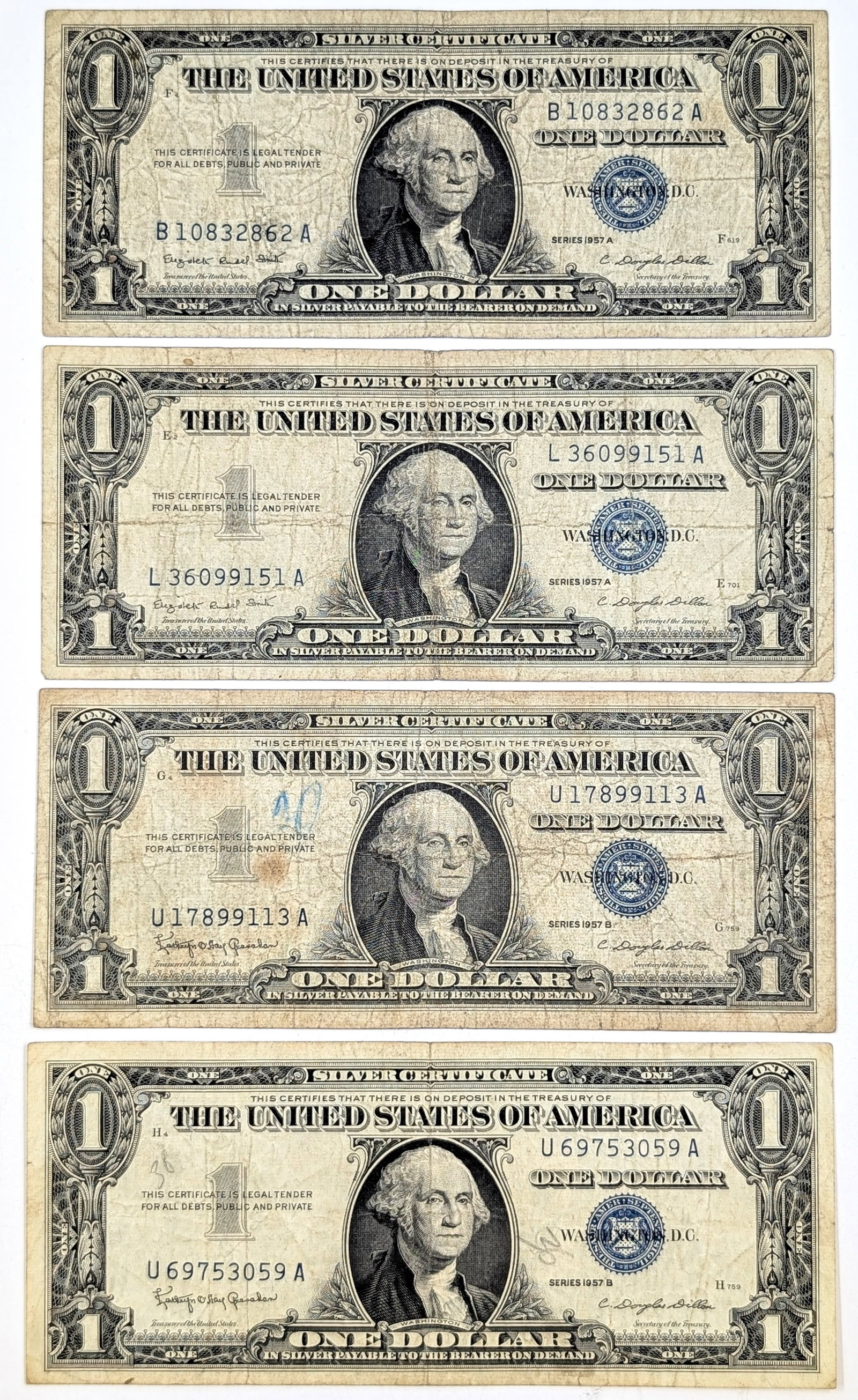 Lot of 4- 1957 A/B $1 Notes - Silver Certificates: Circulated