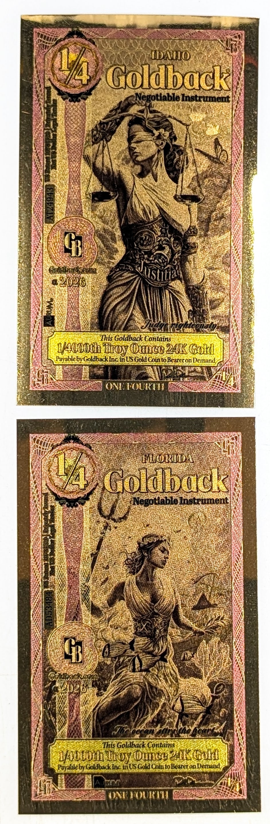 Lot of 2 - 2026 1/4 Idaho & Florida Goldbacks 1/4000th Troy Ounce 24K Gold each: _
