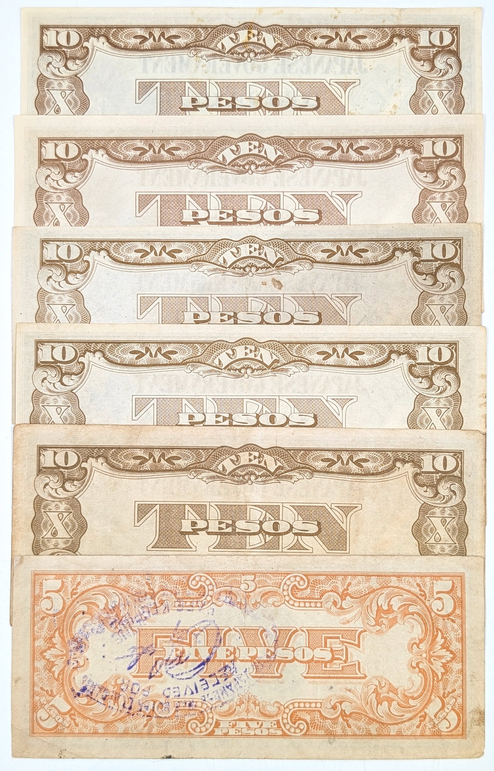 Lot of 6 World War II Japanese Invasion Money- 10 Peso, 5 Peso - 2