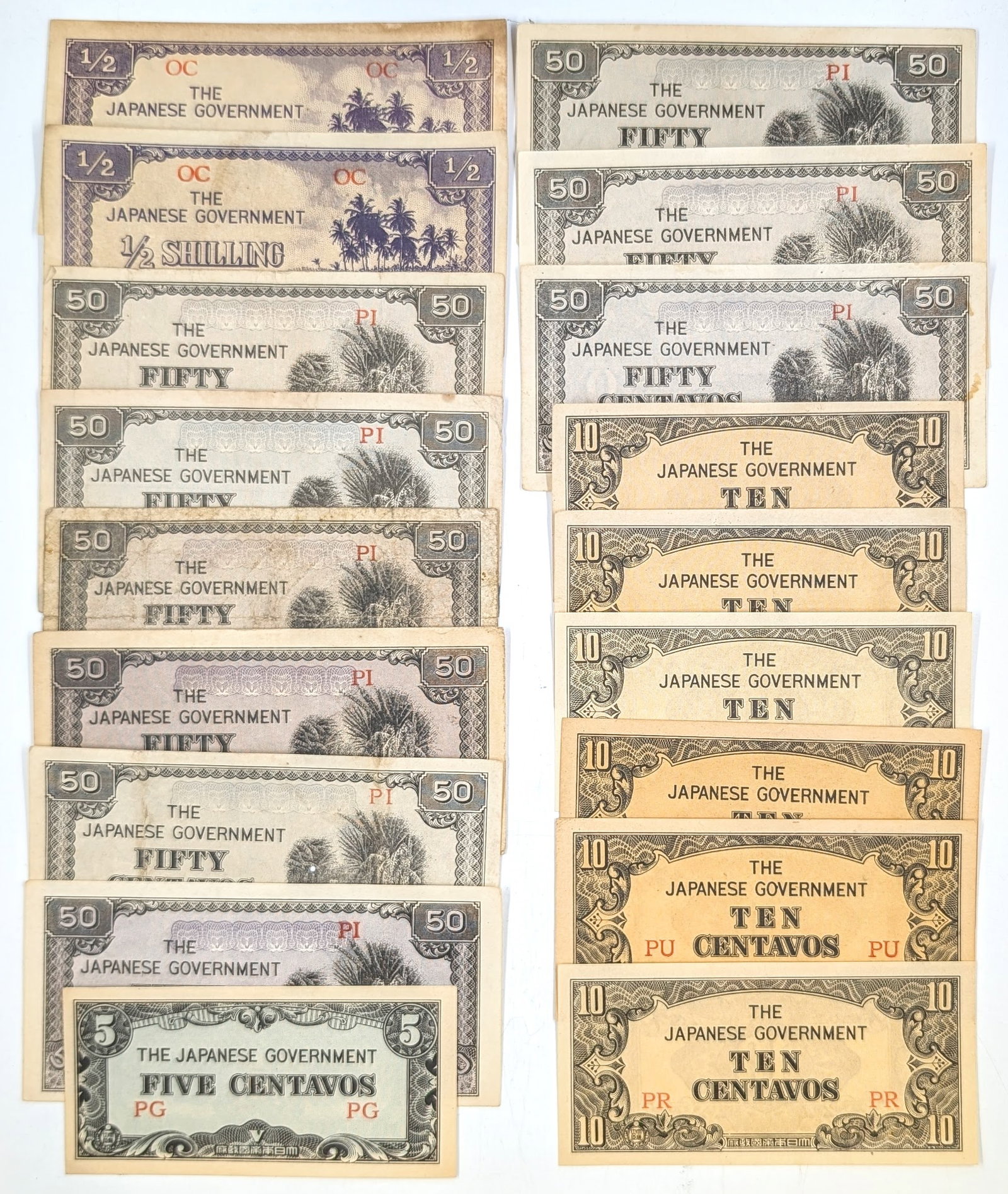 Large Lot of World War II Japanese Invasion Money- 1/2 Shillings, 50,10,5 Centavos: Circulated