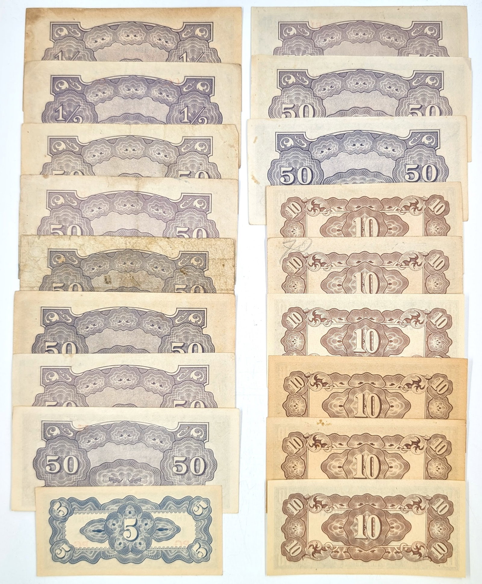 Large Lot of World War II Japanese Invasion Money- 1/2 Shillings, 50,10,5 Centavos - 2