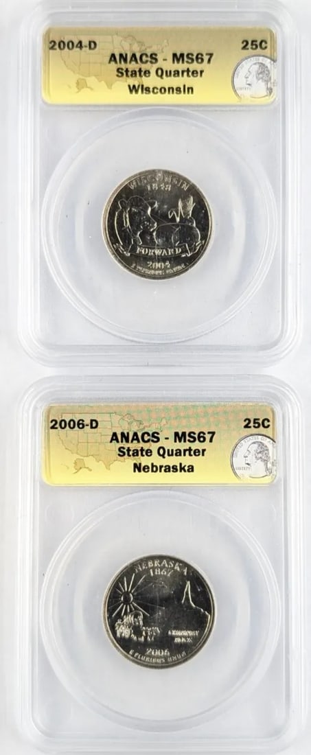 Lot of 2 ANACS MS67 State Washington Quarters- 2004-D WI, 2006-D NE: _