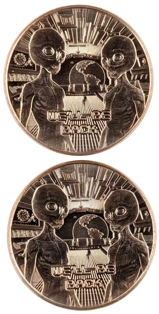 Lot of 2 - 1 Ounce (each) Fine .999 Copper Rounds - Aliens: _