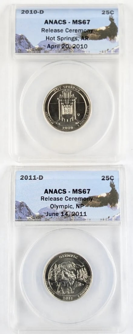 Lot of 2 ANACS MS67 National Park Washington Quarters- 2010-D Hot Springs, 2011-D Olympic: _