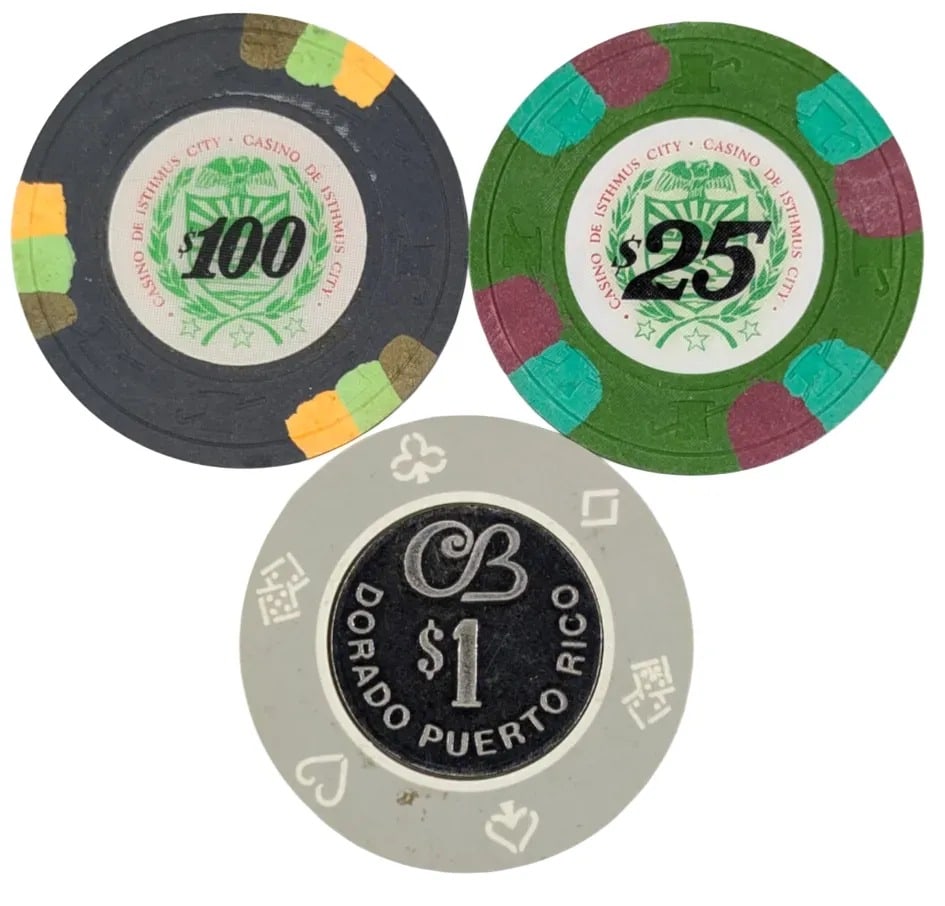 Lot of 3 Gaming/Casino Tokens- $100, $25, $1: _