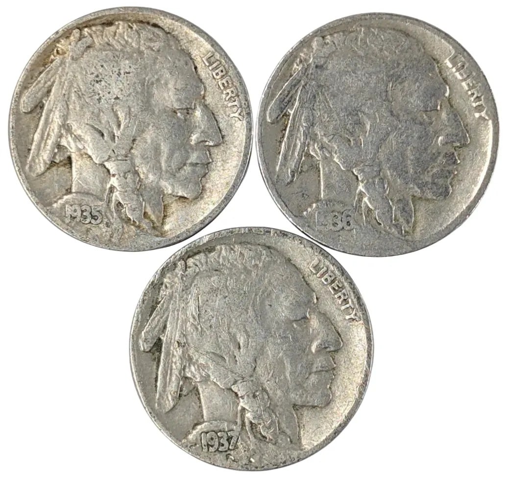 Lot of 3 Buffalo Head Nickels - 1935, 1936, 1937 (1 of 2)