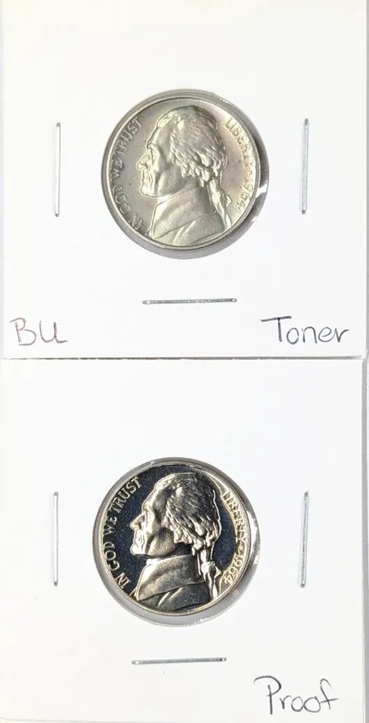 Lot of 2- 1964 Jefferson Nickels: Top: Bu/Toned Bottom: Proof