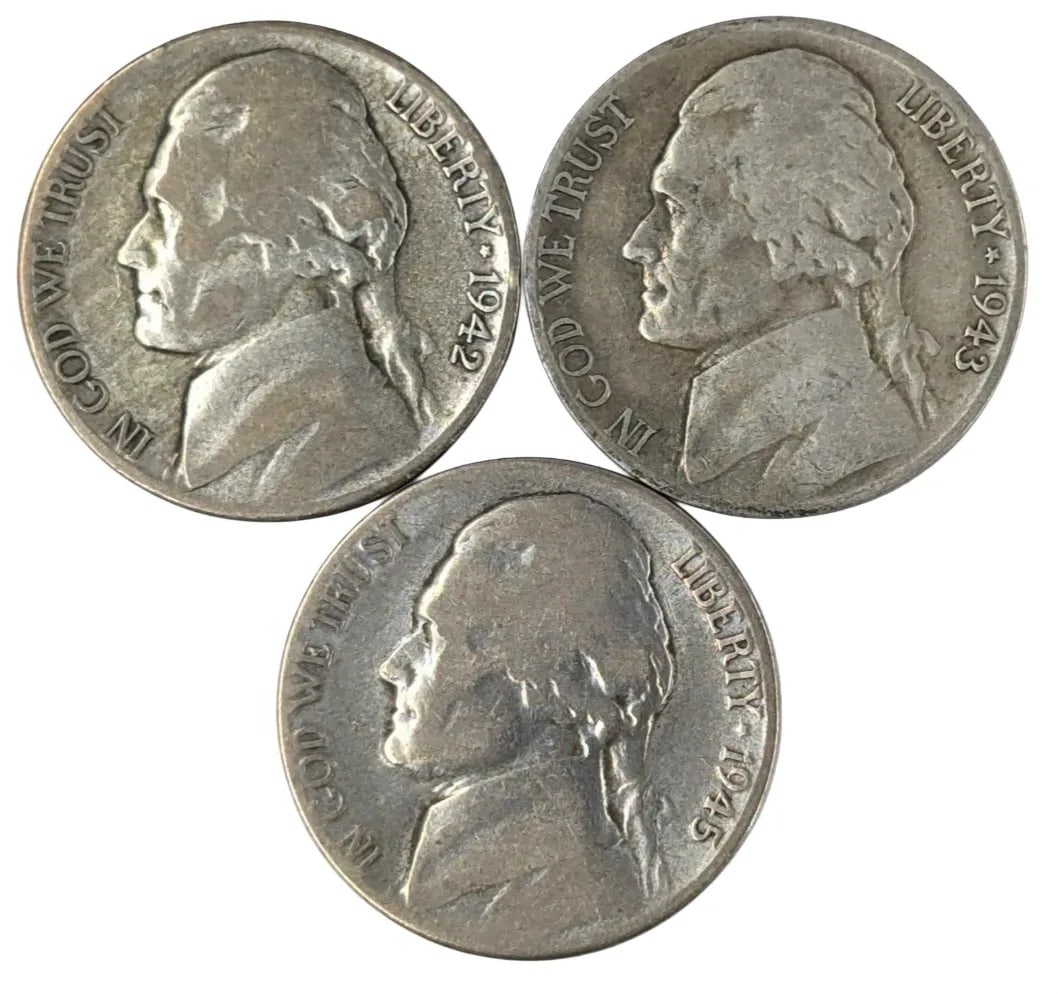 Lot of 3 Silver War Nickels -1942-S, 1943-S, 1945-S: _