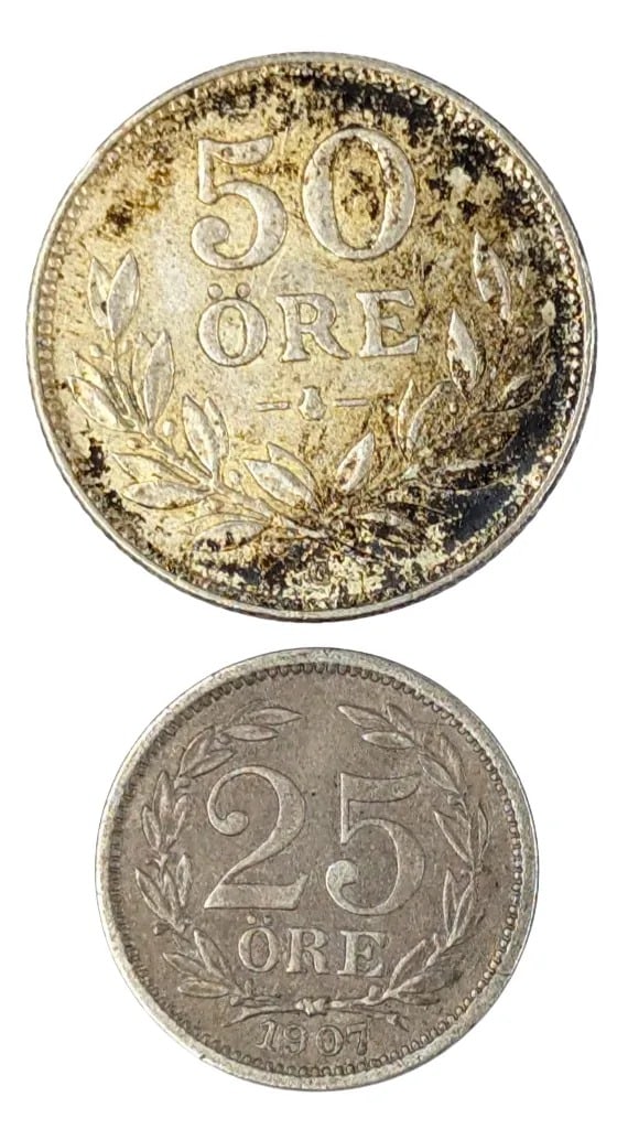 Lot of 2 Silver Swedish Ore- 1937 50, 1907 25: 40% Silver