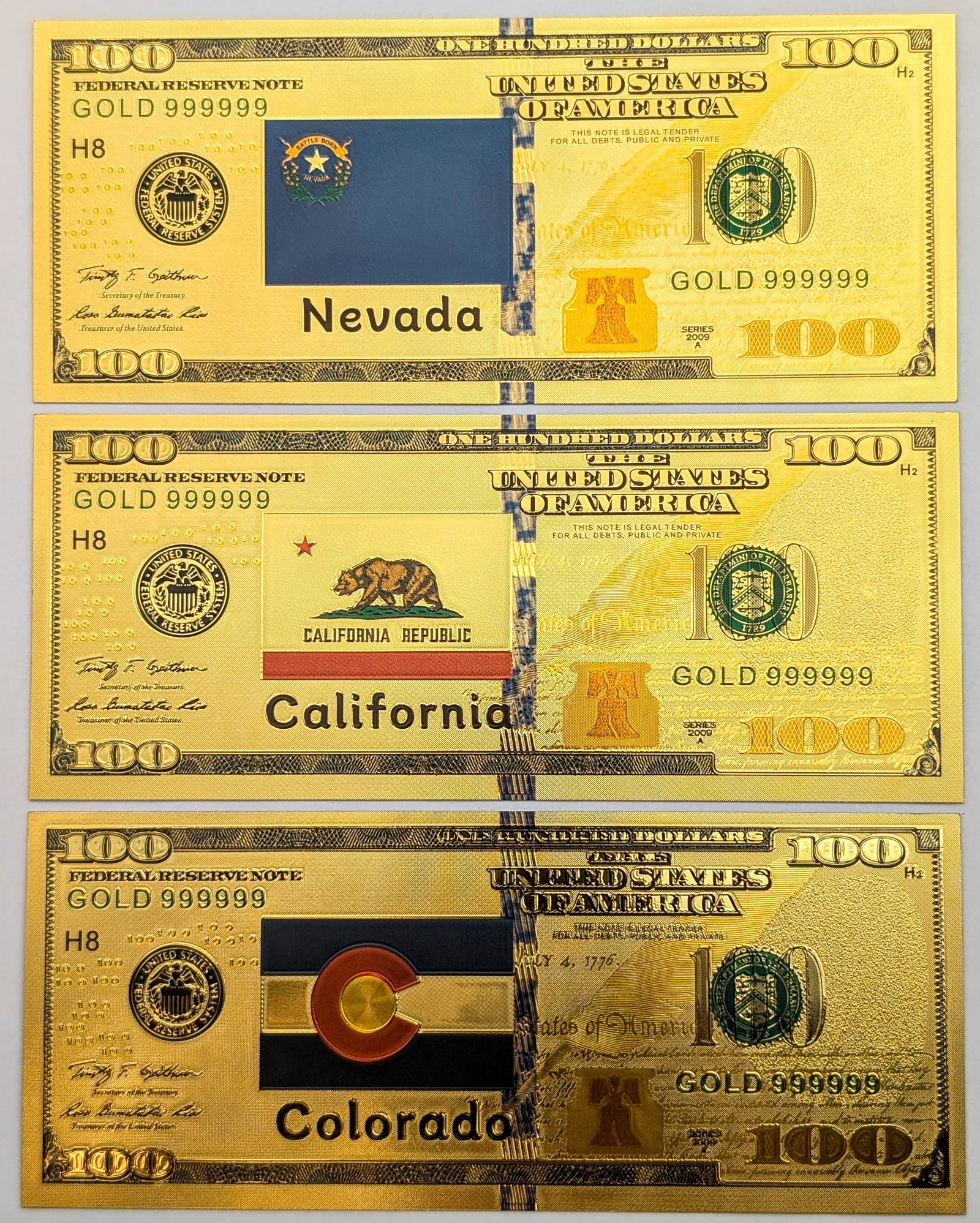 Lot of 3 Gold Foils- NV, CA, & CO Flags: _
