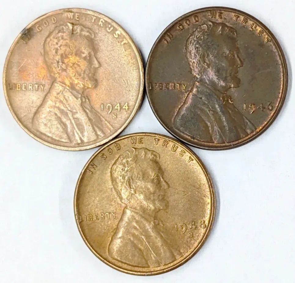 Lot of 3 Wheat Cents- 1944-S, 1946, 1948-S: _