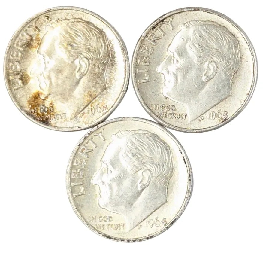 Lot of 3 Silver Roosevelt Dimes - 1960, 1963, 1964: _