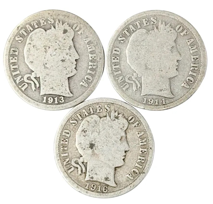 Lot of 3 Silver Barber Dimes- 1913, 1914, 1916: _
