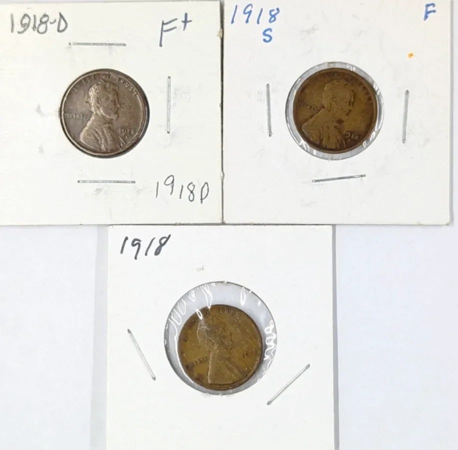Lot of 3 Wheat Cents- 1918 D/P/S: _