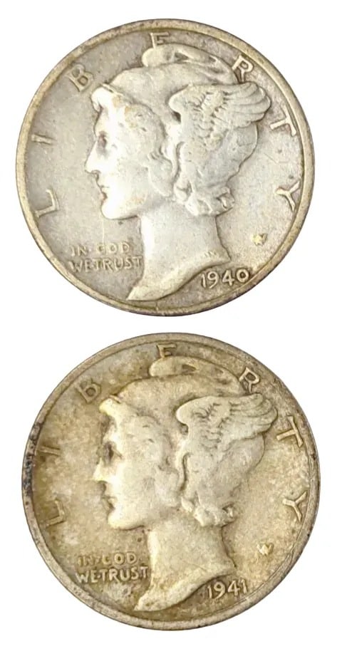 Lot of 2 Silver Mercury Dimes - 1940-D, 1941-S: _