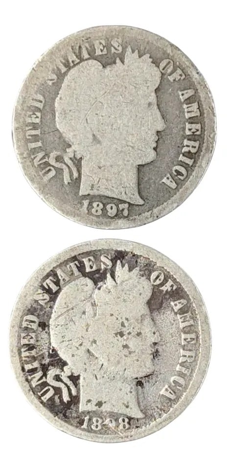 Lot of 2 Silver Barber Dimes- 1897, 1898: _