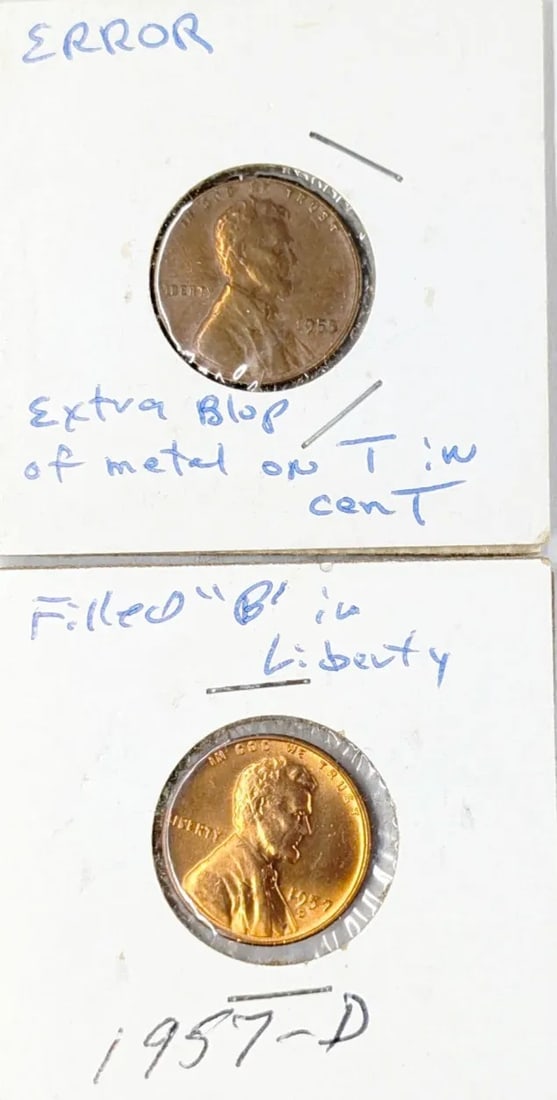 Lot of 2 Error Wheat Cents- 1955, 1957-D: Top: Extra Bop of metal on T in Cent Bottom:Filled B in Liberty