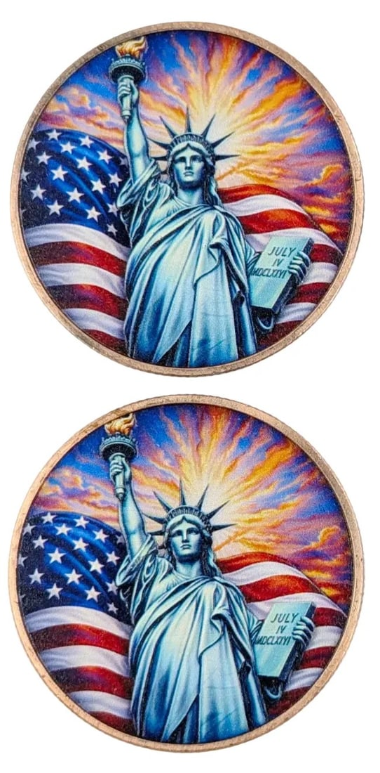 Lot of 2 - 1 Ounce (each) Fine .999 Copper Rounds -Colorized Statue of Liberty: _