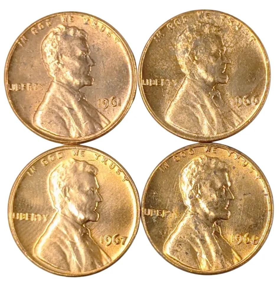Lot of 4 Uncirculated Lincoln Cents- 1961-1968: _
