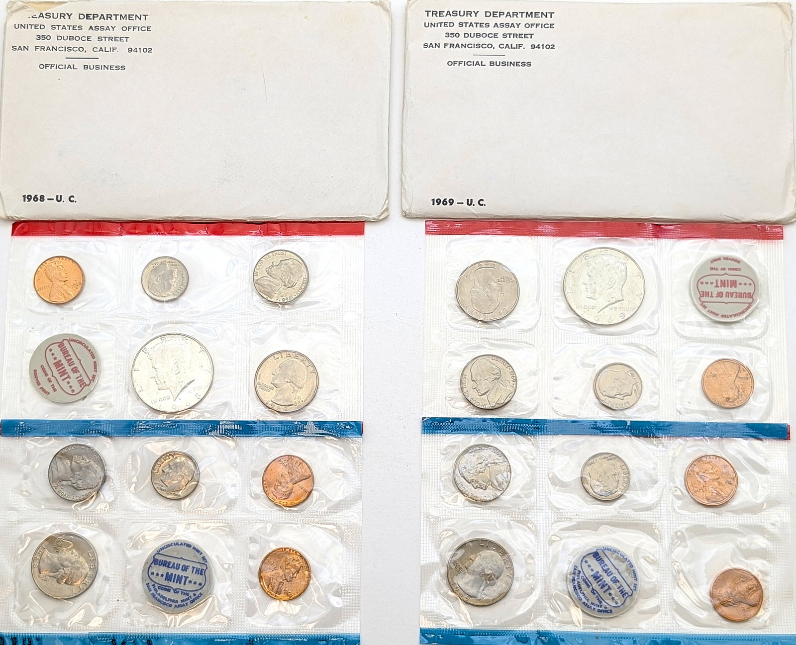 Lot of 2 US Uncirculated Coin Set w/ Silver JFK Half- 1968, 11969: _
