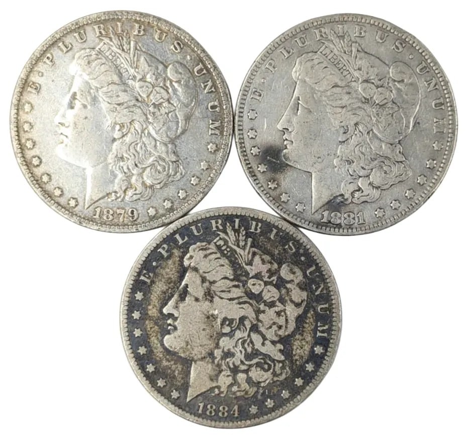 Lot of 3 Morgan Silver Dollars -1879, 1881, 1884-O: _
