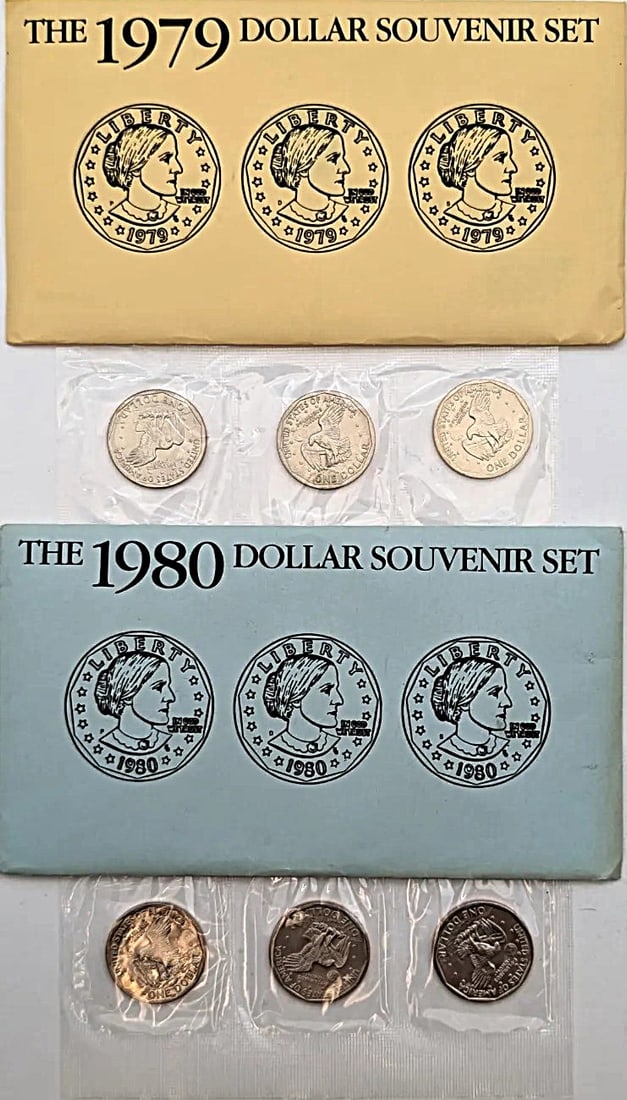 Lot of 2 Uncirculated Susan B Anthony Dollar Souvenir Sets- 1979, 1980 - 2